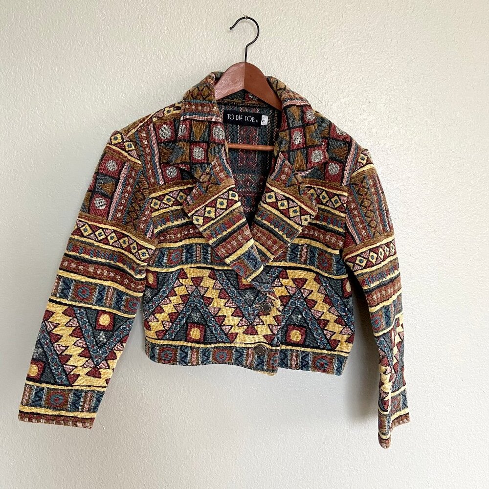 VTG 90s Cropped Boho Western Aztec Tapestry Jacket 100% Cotton To Die For Size S - Picture 4 of 9